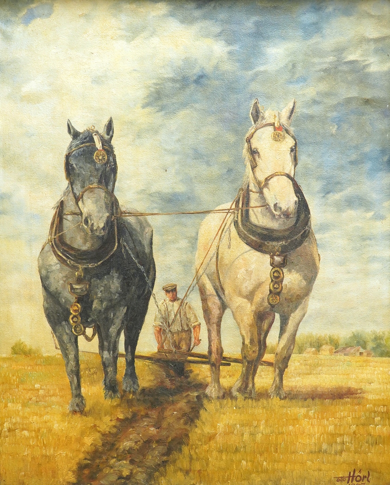 Otto Hörl, Two work horses ploughing fields, signed and dated 1947, oil on canvas, 64 x 52cm